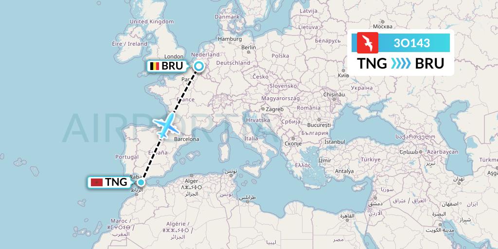 3O143 Air Arabia Maroc Flight Map: Tangier to Brussels