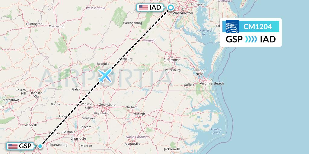 CM1204 Copa Airlines Flight Map: Greenville-Spartanburg to Washington