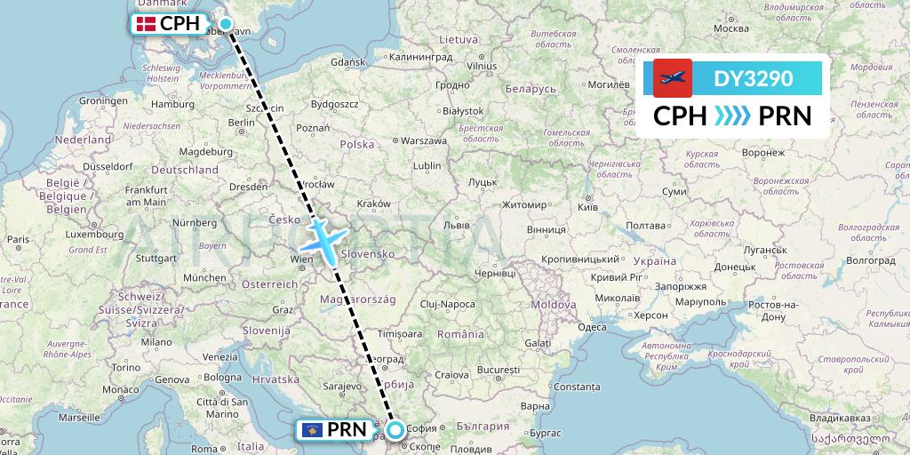 DY3290 Norwegian Flight Map: Copenhagen to Pristina
