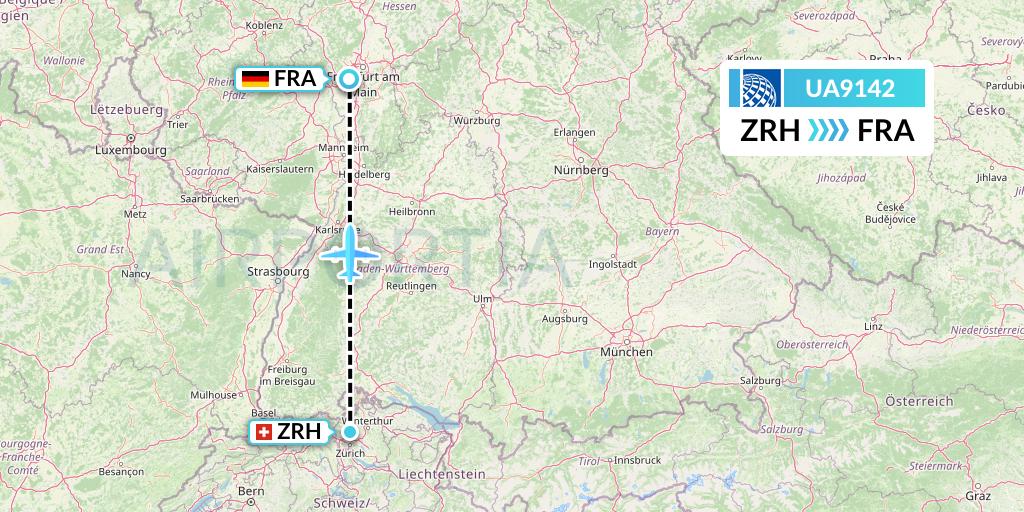 UA9142 United Airlines Flight Map: Zurich to Frankfurt