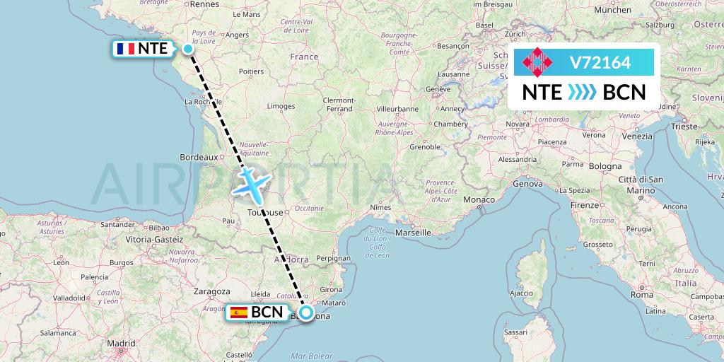 V72164 Volotea Flight Map: Nantes to Barcelona