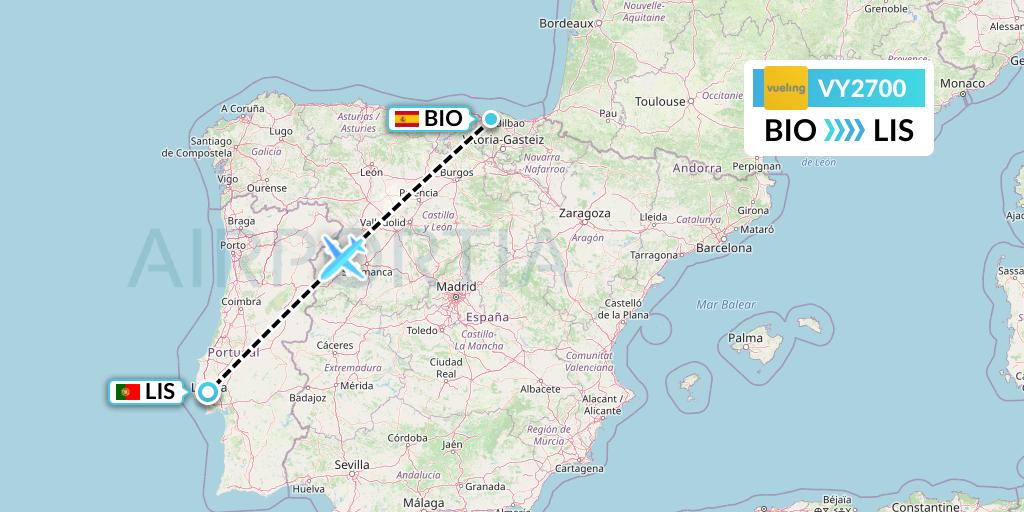 VY2700 Vueling Flight Map: Bilbao to Lisbon