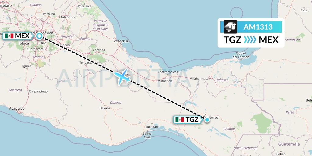 AM1313 Aeromexico Flight Map: Tuxtla Gutierrez to Mexico City