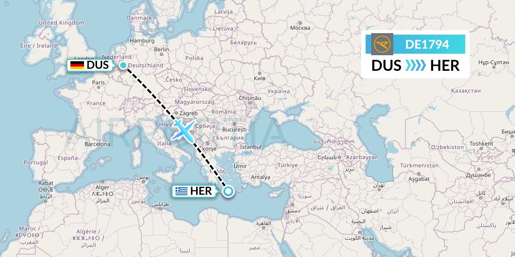 DE1794 Condor Flight Map: Dusseldorf to Heraklion