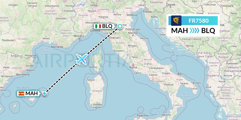 FR7580 Ryanair Flight Map: Mahon to Bologna