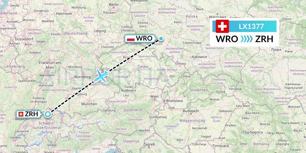 LX1377 Swiss Flight Map: Wroclaw to Zurich