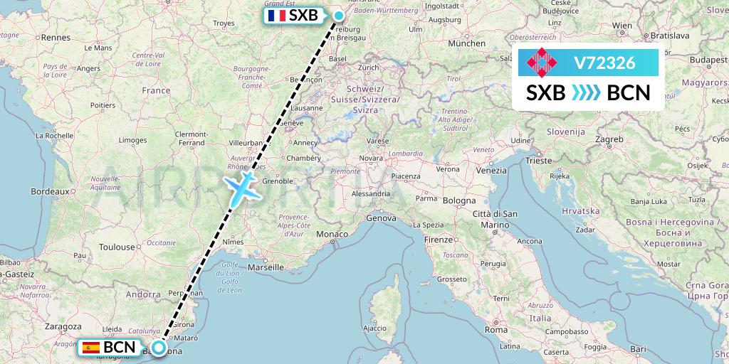 V72326 Volotea Flight Map: Strasbourg to Barcelona
