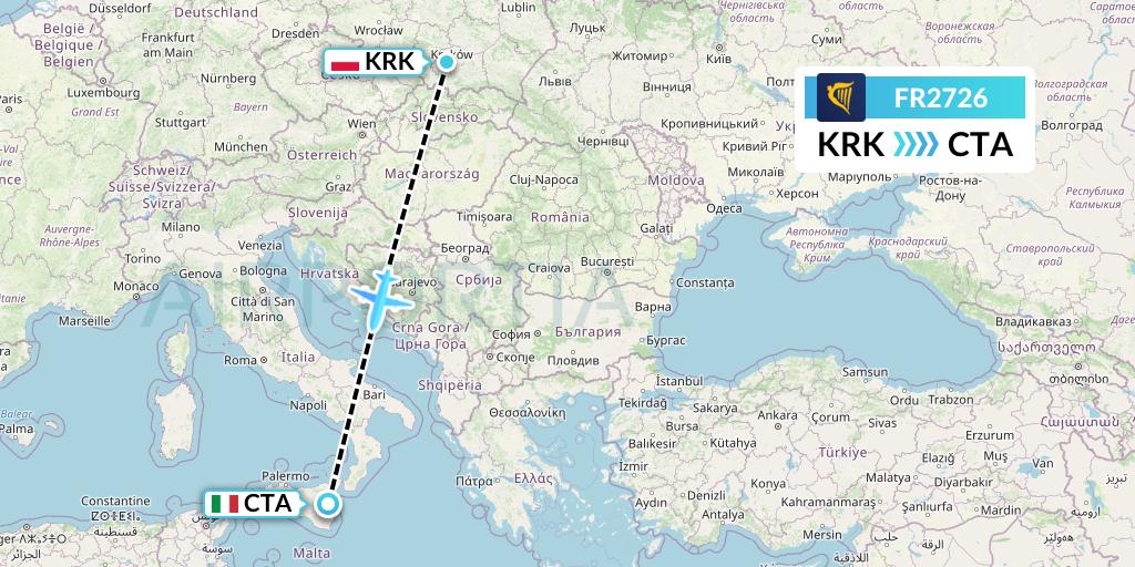 FR2726 Ryanair Flight Map: Krakow to Catania