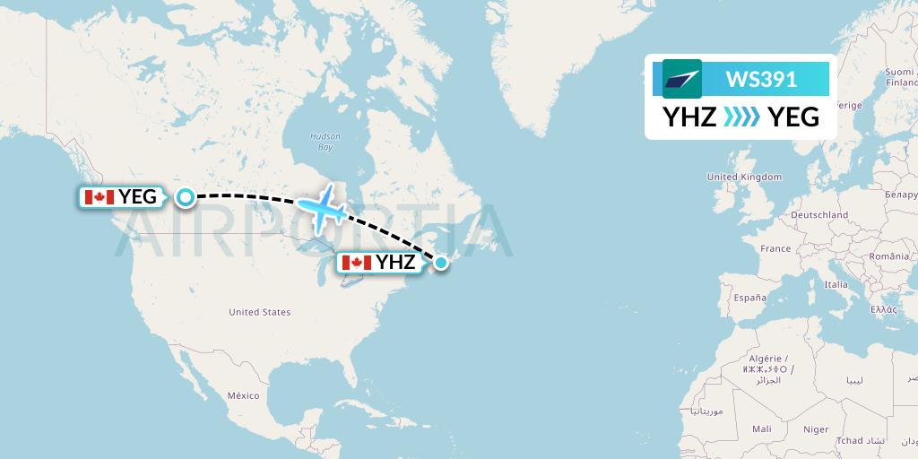 WS391 WestJet Flight Map: Halifax to Edmonton