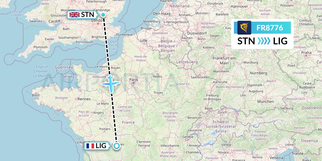FR8776 Ryanair Flight Map: London to Limoges