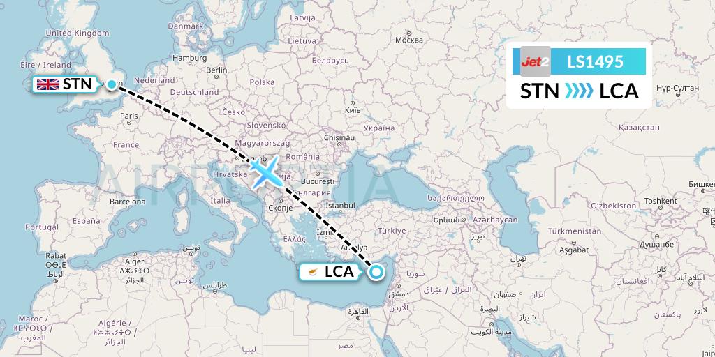 LS1495 Jet2 Flight Map: London to Larnaca