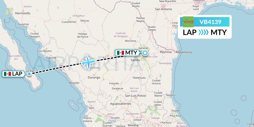 VB4139 VivaAerobus Flight Map: La Paz to Monterrey