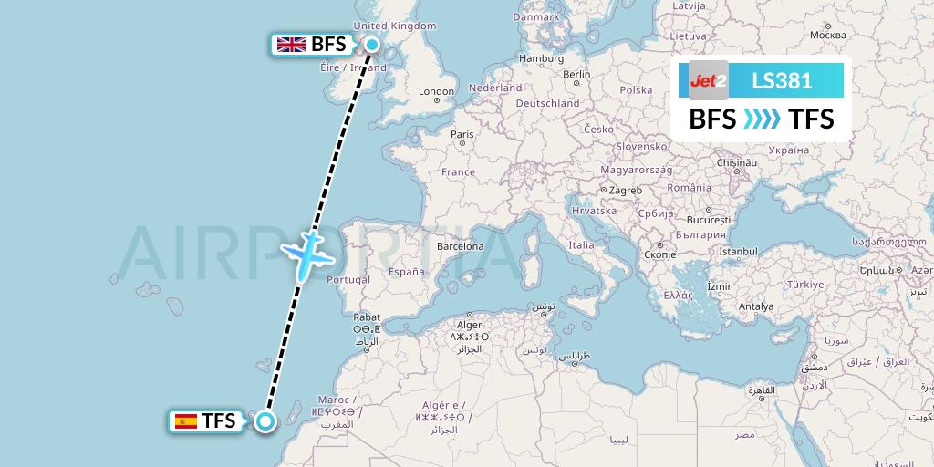LS381 Jet2 Flight Map: Belfast to Tenerife