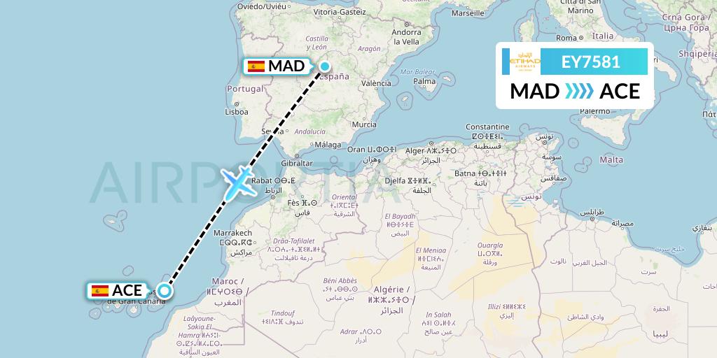 EY7581 Etihad Airways Flight Map: Madrid to Lanzarote