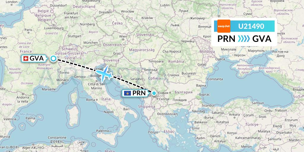 U21490 EasyJet Flight Map: Pristina to Geneva