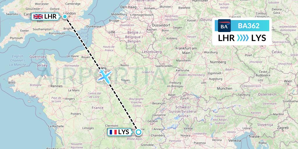 BA362 British Airways Flight Map: London to Lyon