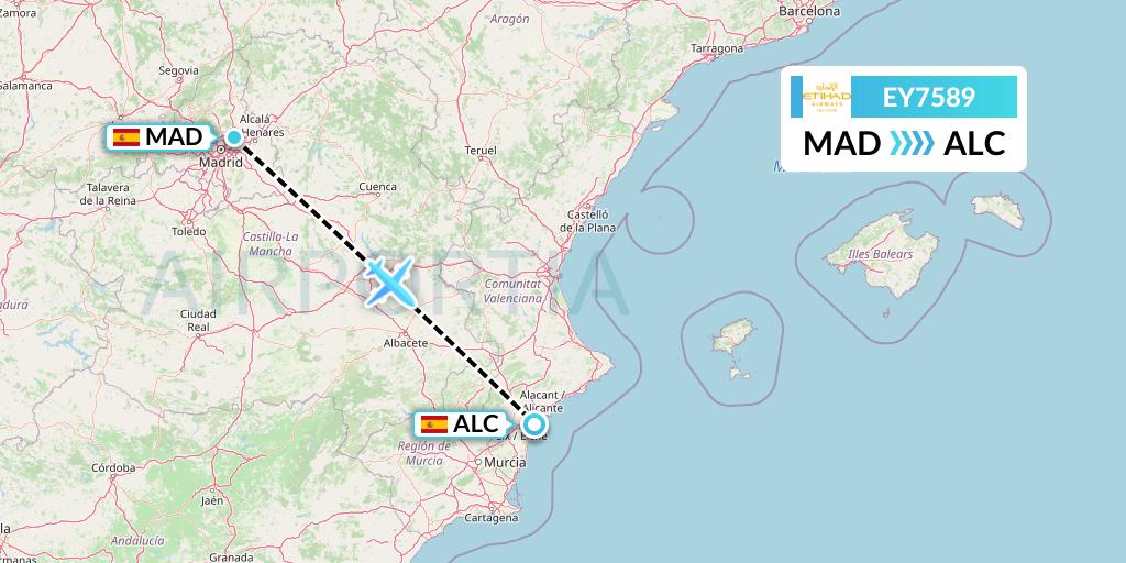 EY7589 Etihad Airways Flight Map: Madrid to Alicante