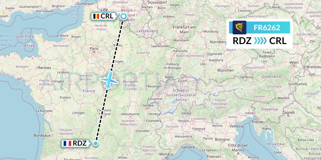 FR6262 Ryanair Flight Map: Rodez to Brussels