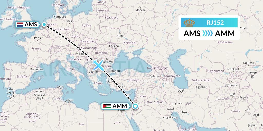 RJ152 Royal Jordanian Flight Map: Amsterdam to Amman