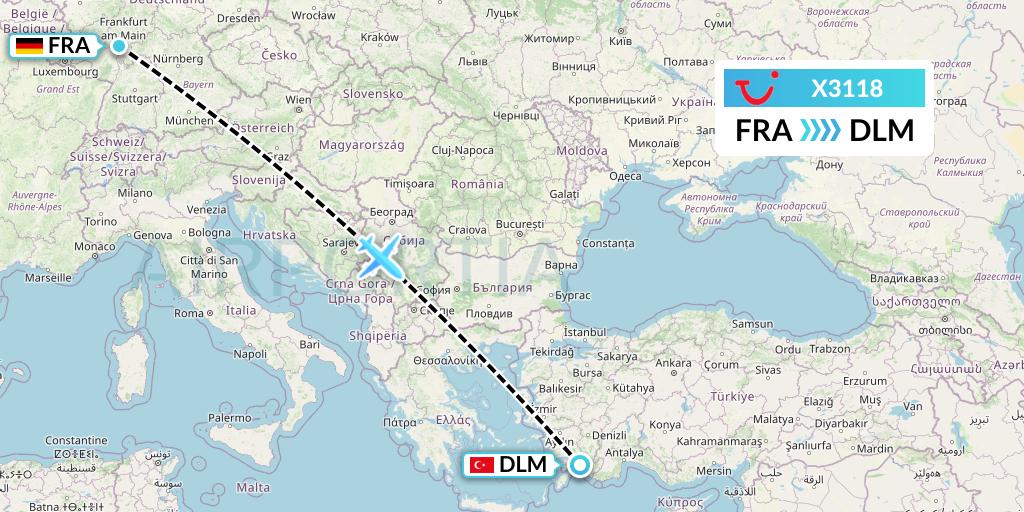 X3118 TUI fly Germany Flight Map: Frankfurt to Dalaman