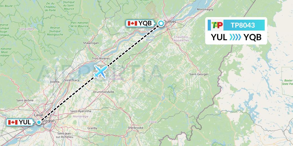TP8043 TAP Portugal Flight Map: Montreal to Quebec