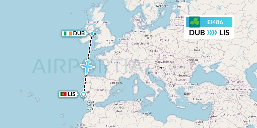 EI486 Aer Lingus Flight Map: Dublin to Lisbon