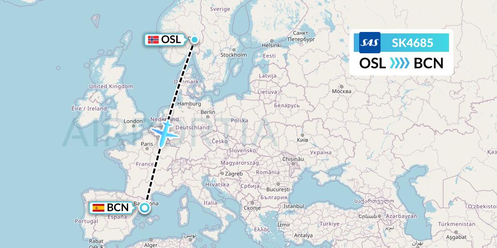 SK4685 SAS Flight Map: Oslo to Barcelona