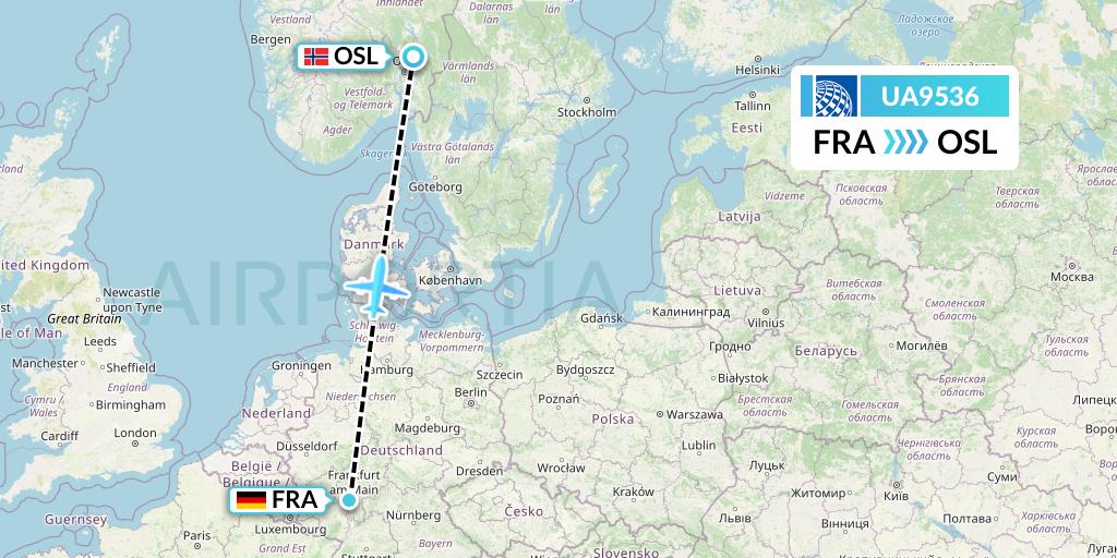 UA9536 United Airlines Flight Map: Frankfurt to Oslo