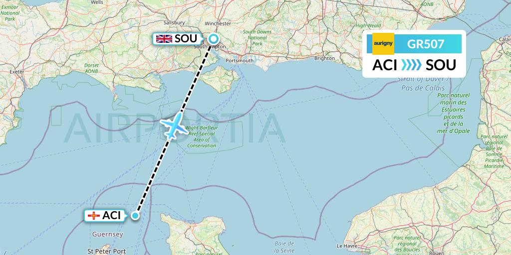 GR507 Aurigny Air Services Flight Map: Alderney to Southampton