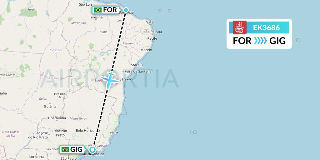 EK3686 Emirates Flight Map: Fortaleza to Rio de Janeiro