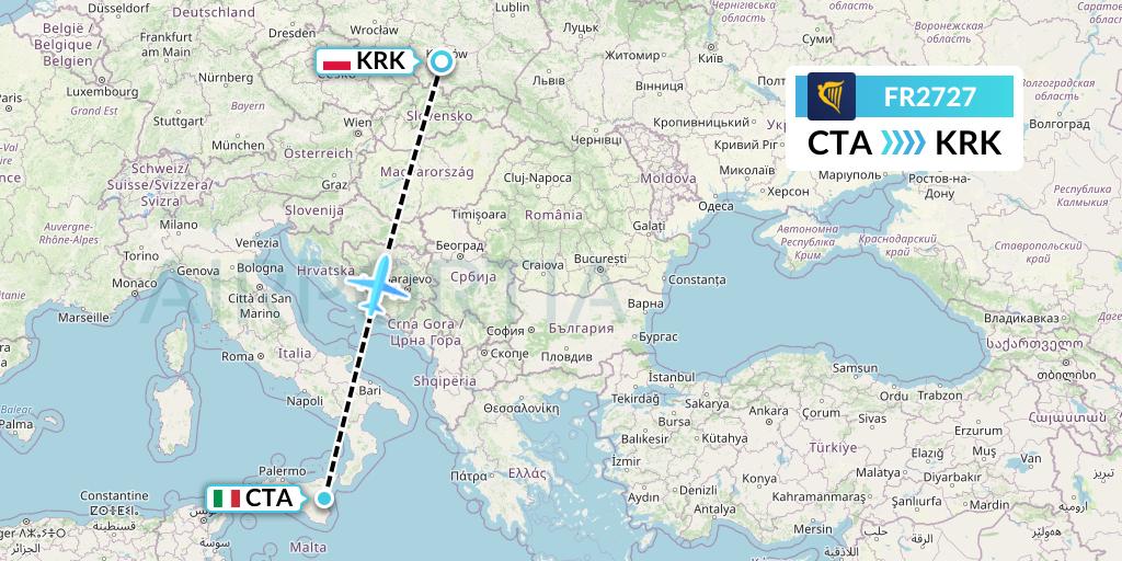 FR2727 Ryanair Flight Map: Catania to Krakow