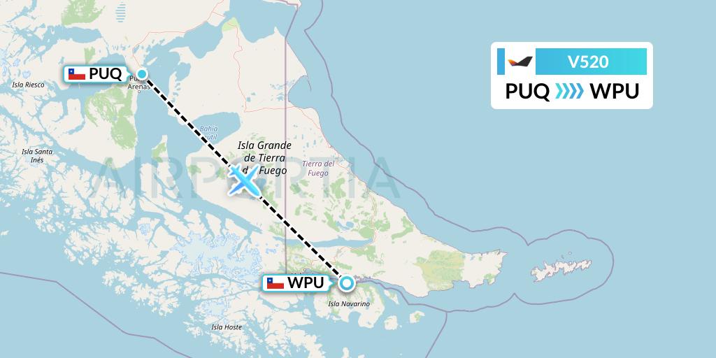 V520 Aerovias DAP Flight Map: Punta Arenas to Puerto Williams