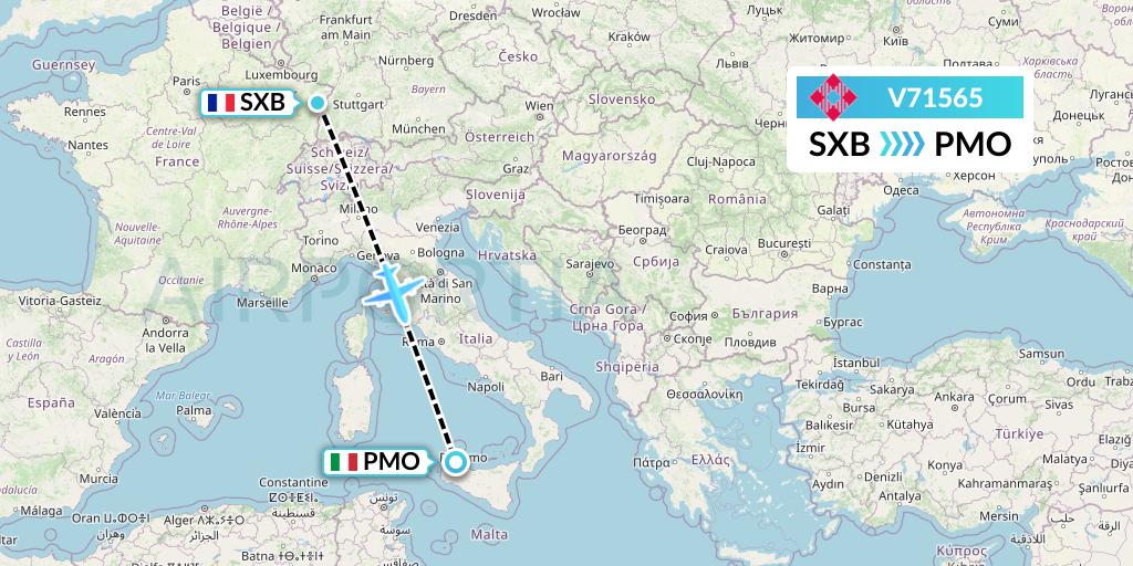 V71565 Volotea Flight Map: Strasbourg to Palermo