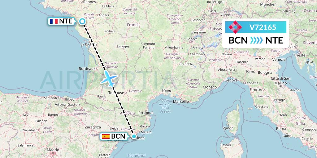 V72165 Volotea Flight Map: Barcelona to Nantes