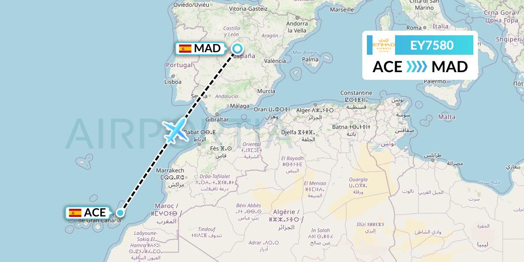 EY7580 Etihad Airways Flight Map: Lanzarote to Madrid