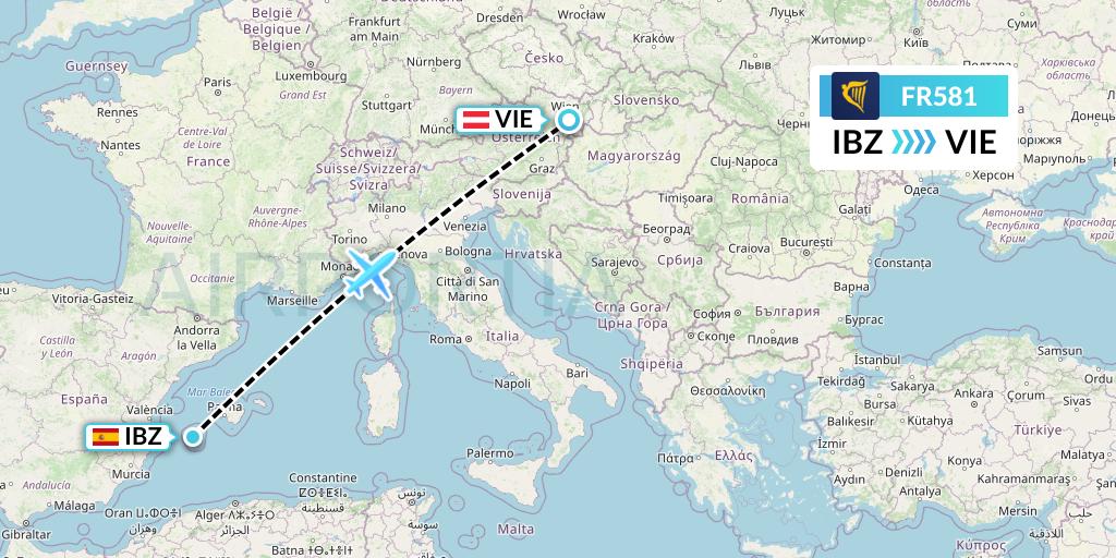 FR581 Ryanair Flight Map: Ibiza to Vienna