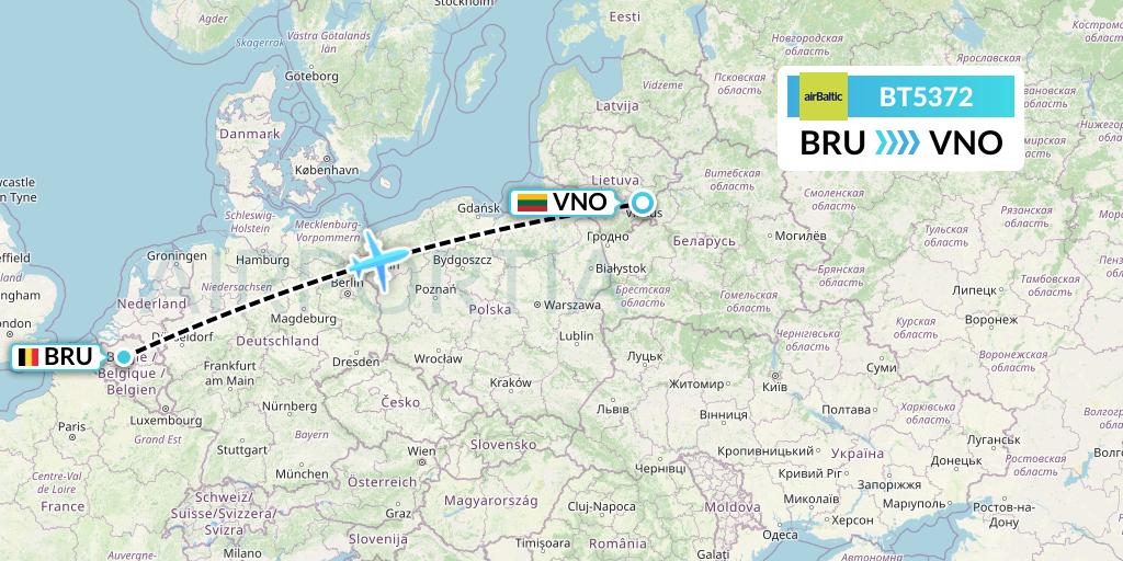 BT5372 Air Baltic Flight Map: Brussels to Vilnius