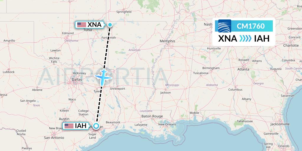 CM1760 Copa Airlines Flight Map: Bentonville to Houston