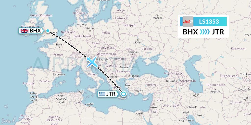 LS1353 Jet2 Flight Map: Birmingham to Santorini