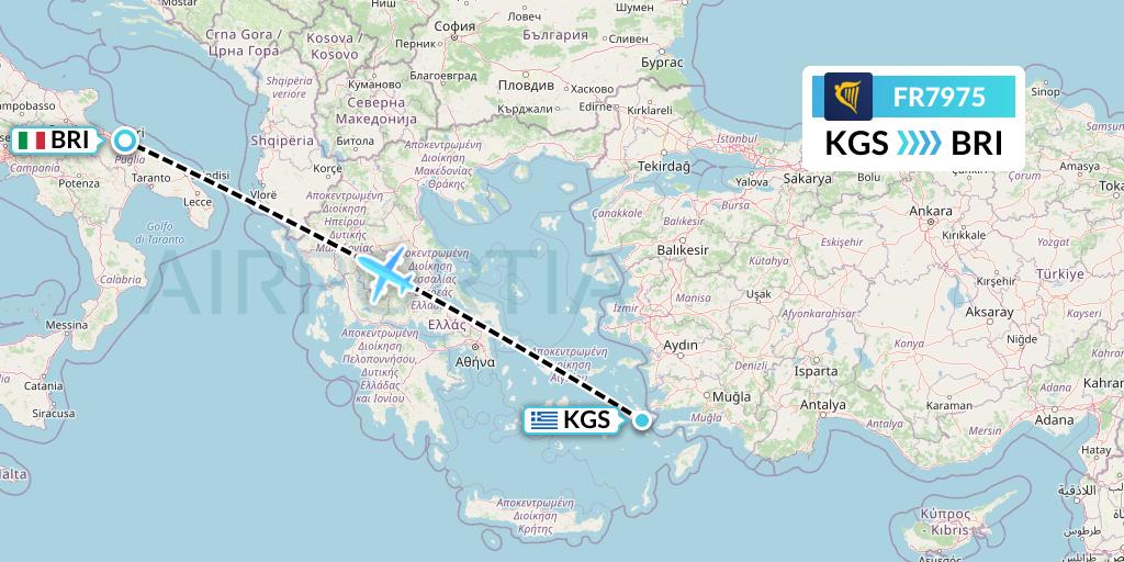 FR7975 Ryanair Flight Map: Kos to Bari