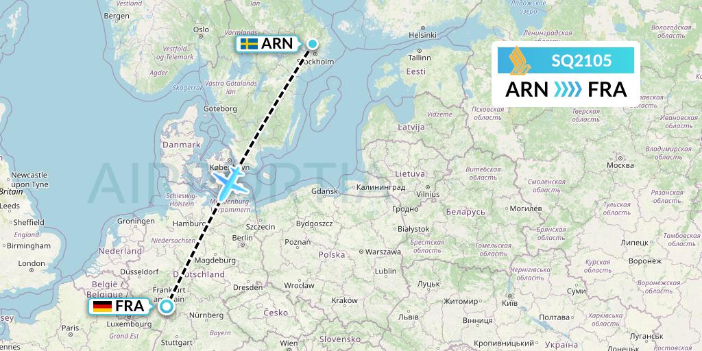 SQ2105 Singapore Airlines Flight Map: Stockholm to Frankfurt