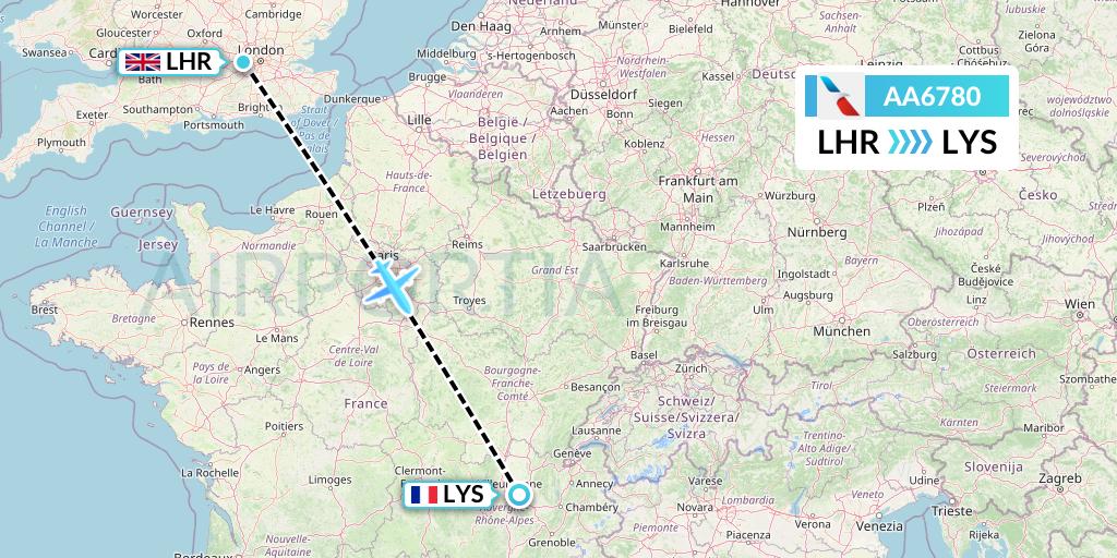 AA6780 American Airlines Flight Map: London to Lyon