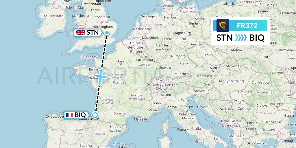 FR372 Ryanair Flight Map: London to Biarritz