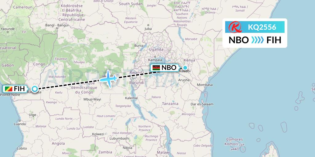 KQ2556 Kenya Airways Flight Map: Nairobi to Kinshasa