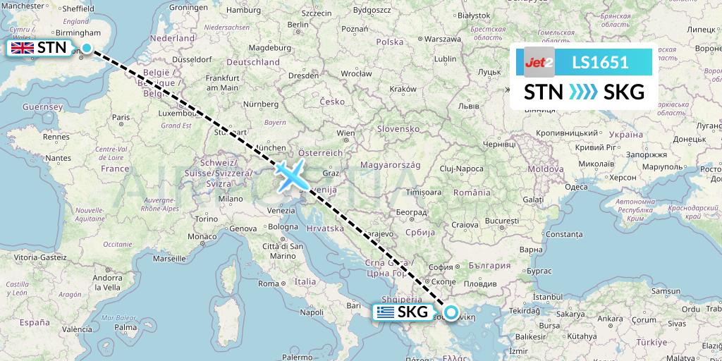 LS1651 Jet2 Flight Map: London to Thessaloniki