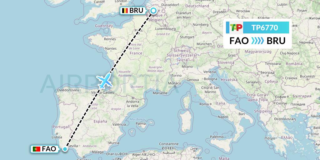 TP6770 TAP Portugal Flight Map: Faro to Brussels