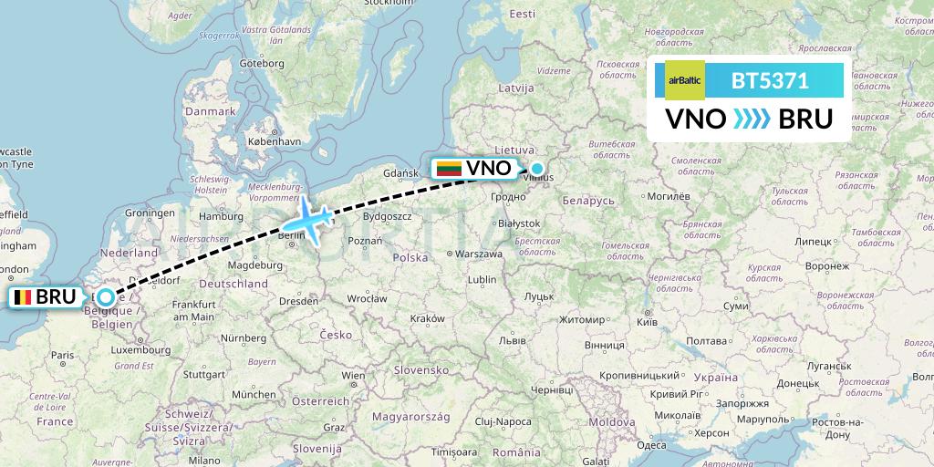 BT5371 Air Baltic Flight Map: Vilnius to Brussels
