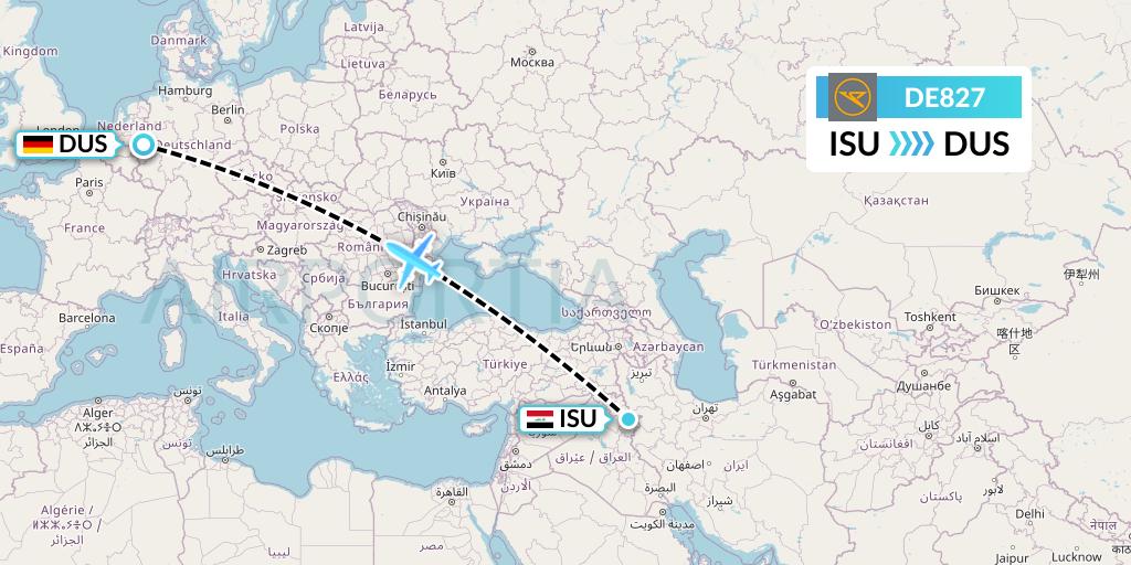 DE827 Condor Flight Map: Sulaimaniyah to Dusseldorf
