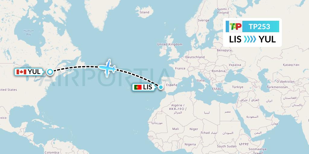 TP253 TAP Portugal Flight Map: Lisbon to Montreal