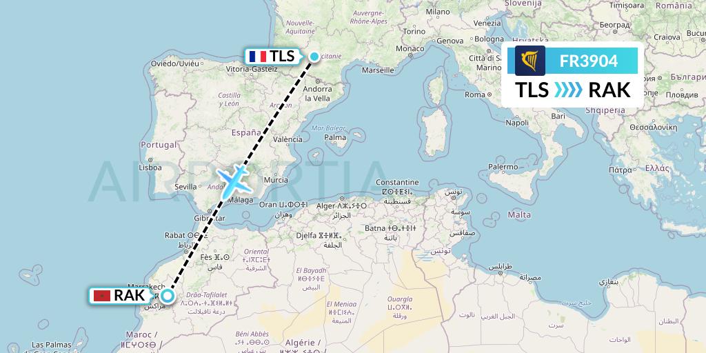 FR3904 Ryanair Flight Map: Toulouse to Marrakesh 